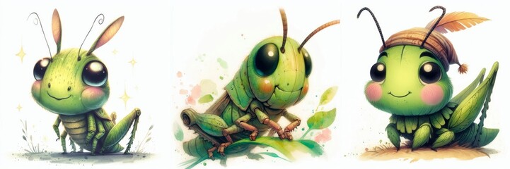 Whimsical trio of animated grasshoppers showcases cartoonish charm and endearing innocence