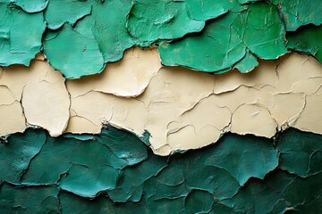 Obraz premium Textured layers of green and beige paint create a striking abstract composition on the wall of an art studio