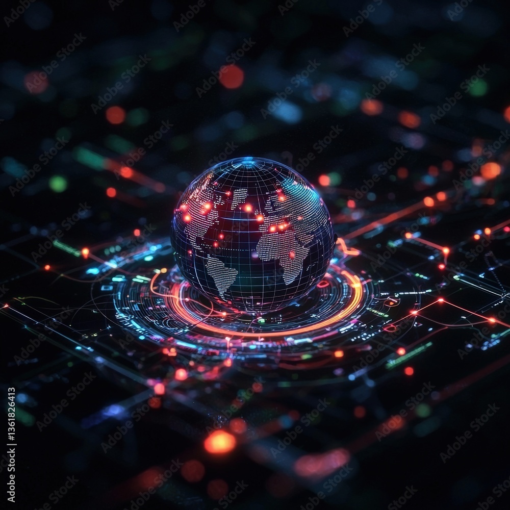 Poster an abstract digital globe represents a futuristic world with glowing lines and circuits. ideal for p