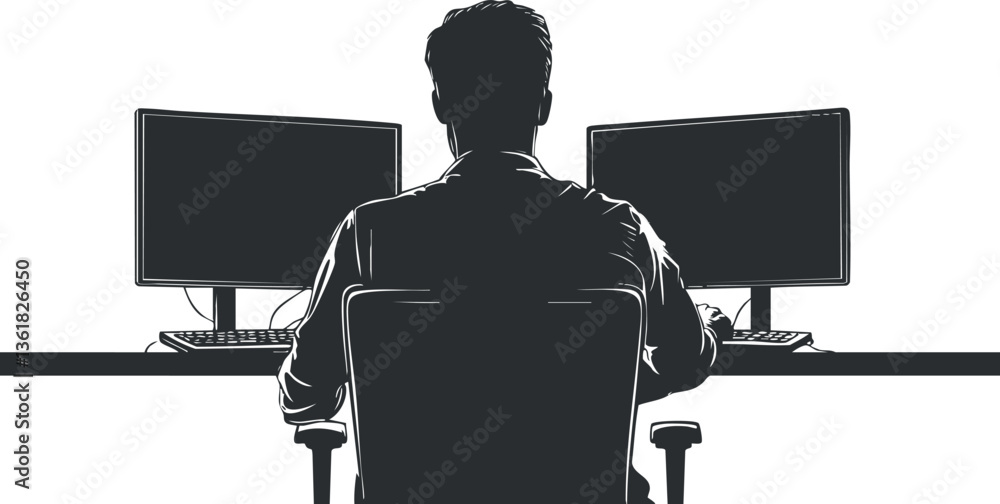 Poster silhouette of a man working at a desk with two computer monitors, for tech themes.