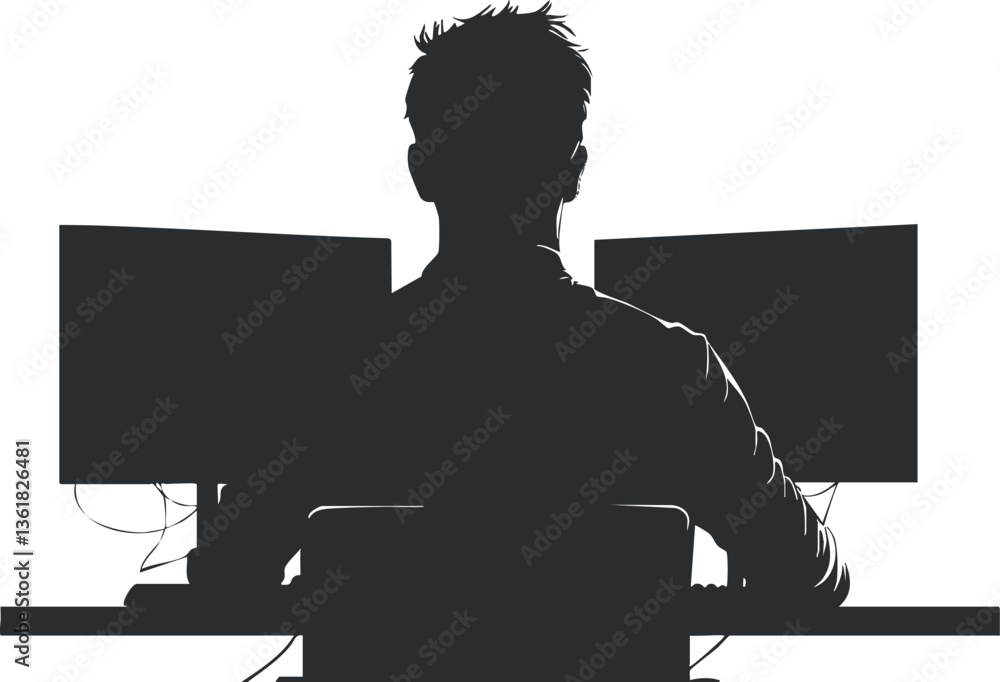 Poster silhouette of a person working at a dual-monitor computer setup for office or home use.