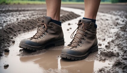 Person feet in trekking shoes walking swamp mud.