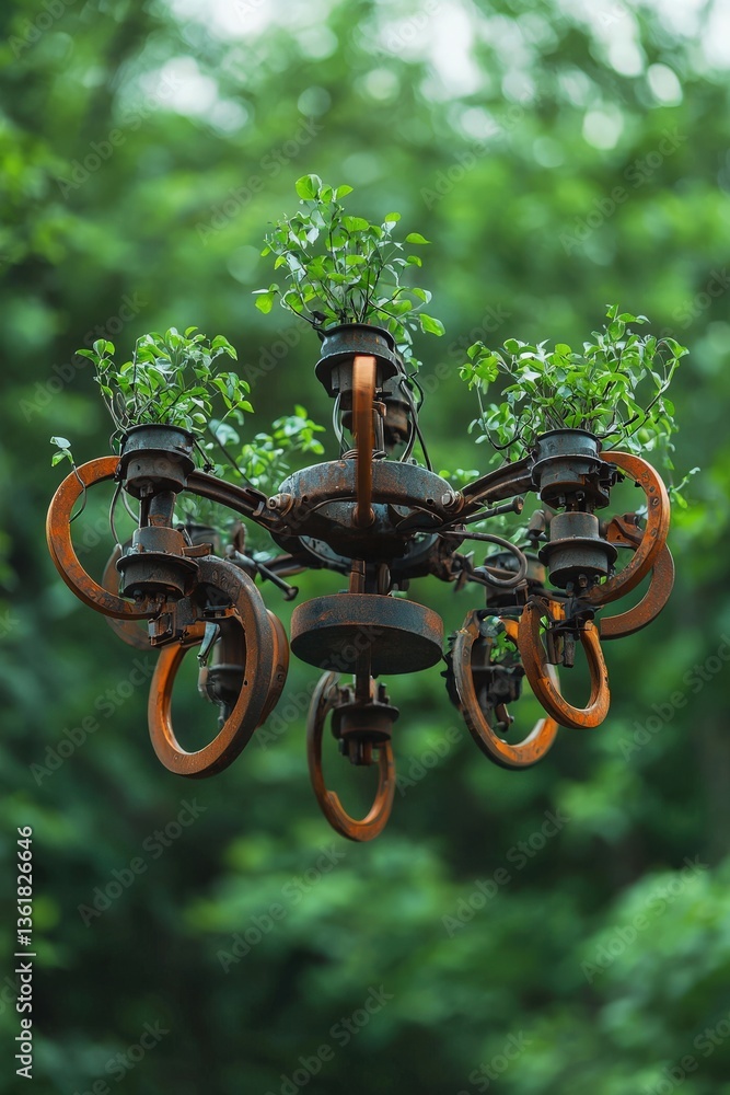 Poster a public art project that uses mechanical scrap and living plants to create interactive installation