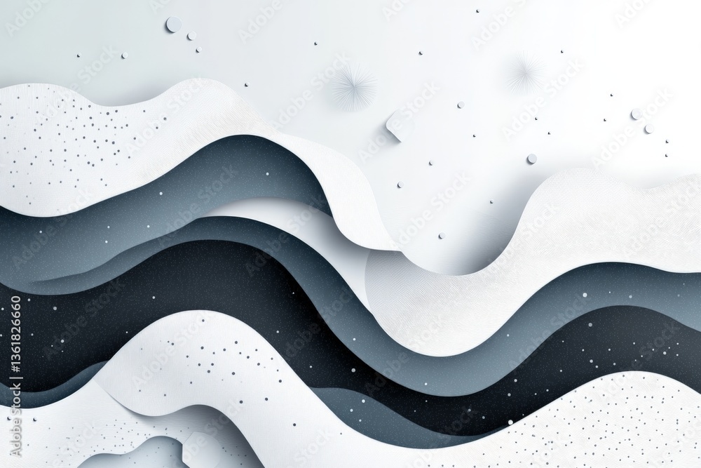 Poster Modern abstract design featuring flowing waves in grayscale and shadowed textures that create depth and contrast