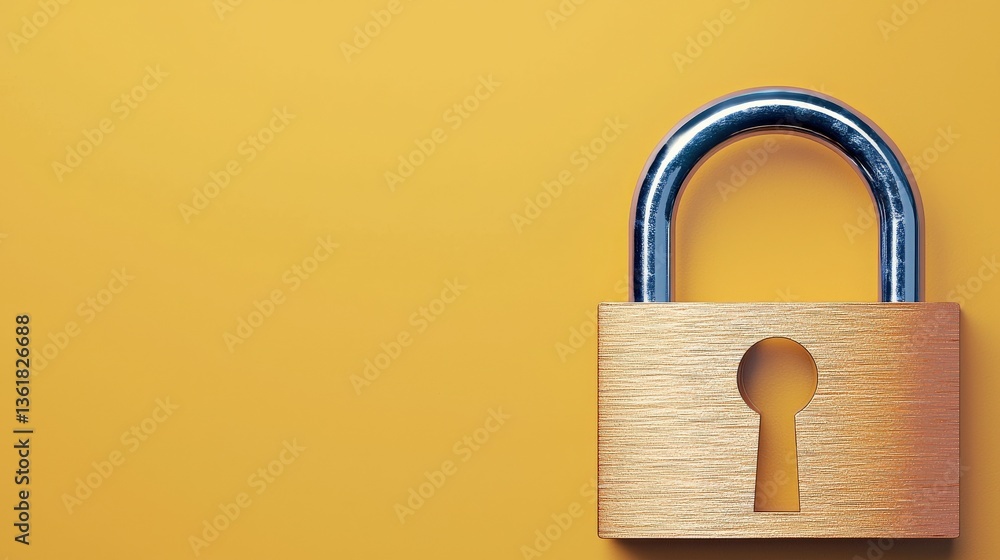 Poster cyber security awareness password network concept. metal padlock on a yellow background symbolizing 