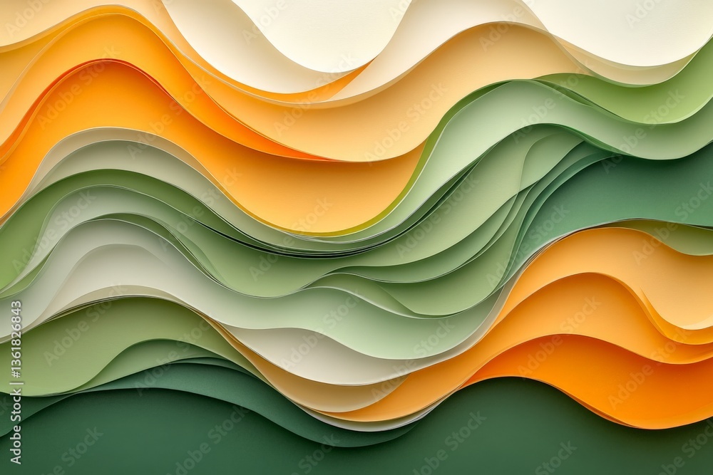Poster Colorful layered paper waves create an abstract visual display in gentle hues of orange, green, and cream