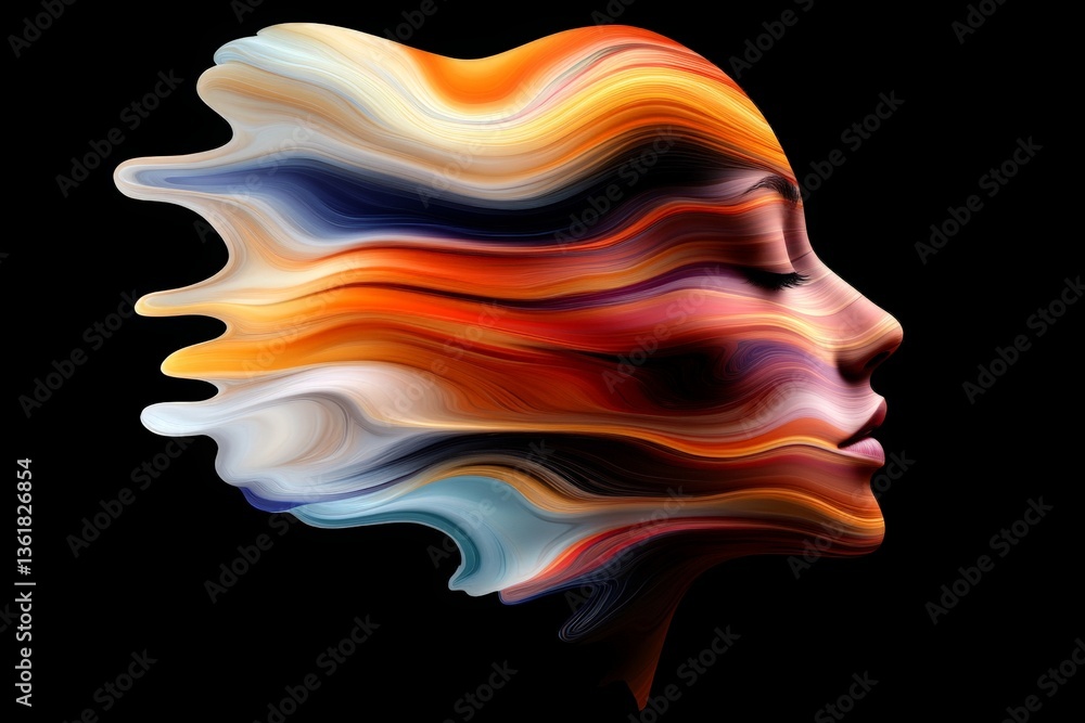 Poster abstract art depicting a silhouette of a woman with flowing colors and shapes representing movement 