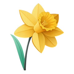 Fototapeta premium vibrant 3D illustration of daffodil flower with bright yellow bloom and single green leaf, showcasing minimalistic and cheerful design
