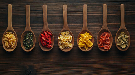 Wooden spoons filled with various types of pasta and spices on a wooden surface top down view