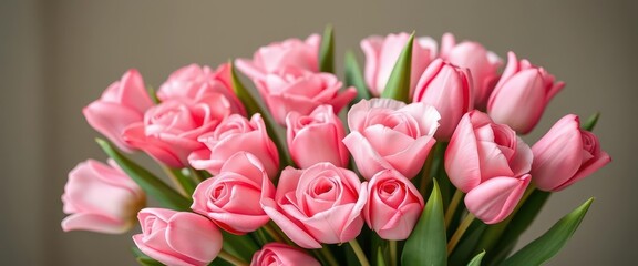 Obraz premium A breathtaking bouquet of pink roses and tulips, long stems, lush blooms, elegant flowers, romantic flowers