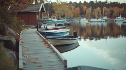 A quaint dockside with boats ready for adventure, framed by autumn foliage, reflecting the charm of a quiet lakeside village.