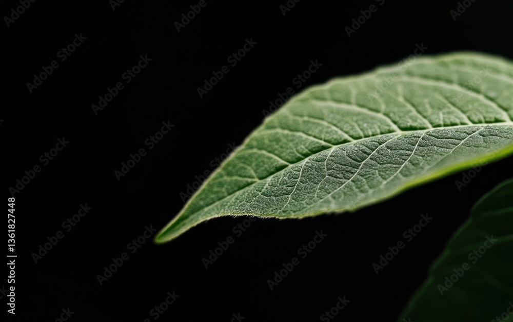 Poster close-up of a single, textured green leaf with a dusting of white particles, set against a stark bla