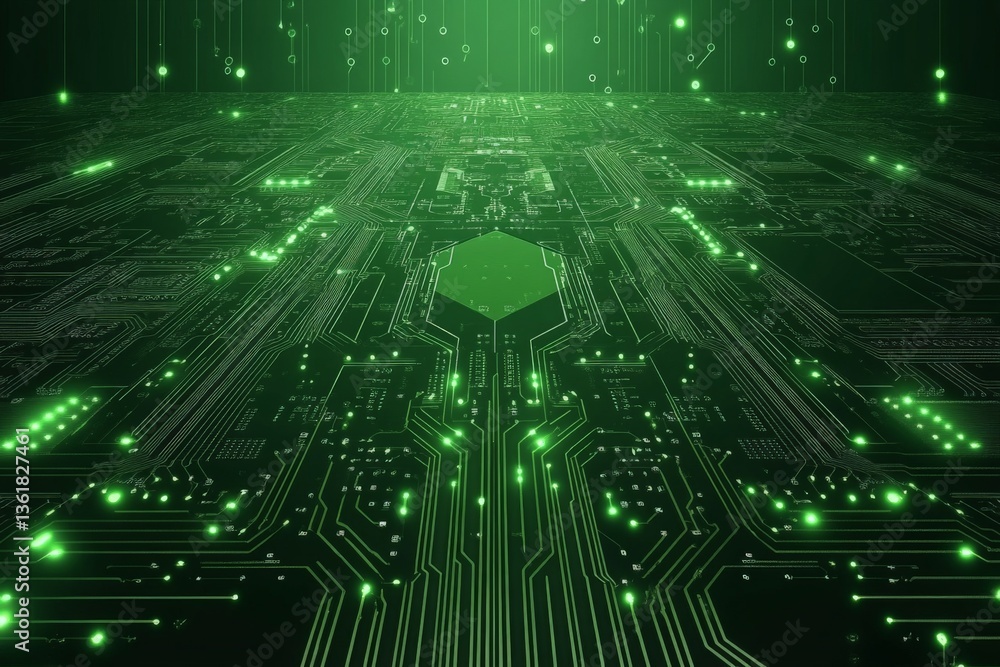Poster Digital landscape with glowing circuit board design illustrating technology integration and data flow