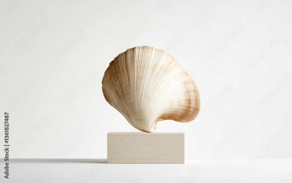Aufkleber close-up view of a beige shell-like object with intricate patterns, displayed on a small, light beig