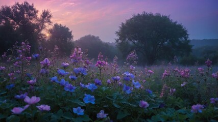 Obraz premium A serene landscape featuring colorful flowers under a twilight sky, evoking tranquility and natural beauty.