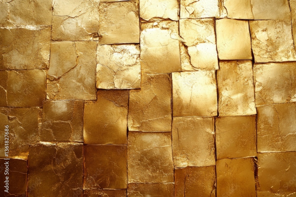 Poster Artistic golden textured wall with shimmering squares reflecting light and creating a warm atmosphere in a modern space