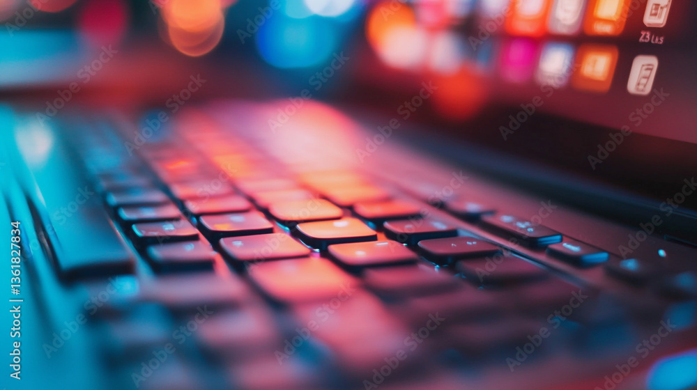 Poster close up of a laptop keyboard illuminated with vibrant red and blue neon lights in a dark setting