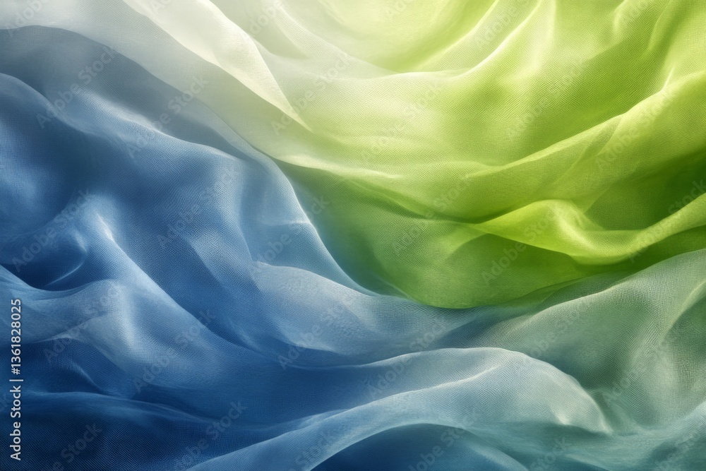 Poster soft flowing fabric in shades of blue and green arranged gracefully in a wave pattern