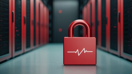 Cyber security Awareness password network concept. Digital padlock in a server room with a heartbeat line design.