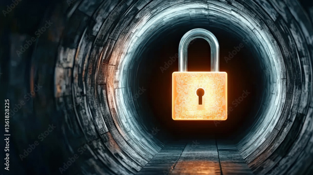 Poster cyber security awareness password network concept. a glowing padlock in a dark tunnel symbolizes sec