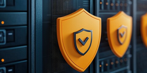 Cyber security Awareness password network concept. Server security with shield icons in a data center environment.