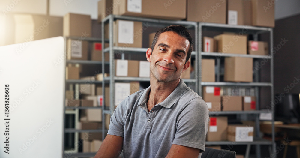 Poster computer, logistics and portrait with man in distribution office for management of online order. box