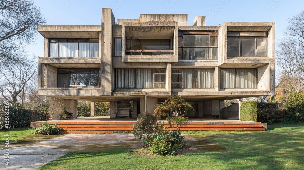 Poster a modern architectural concrete building with multiple cuboid structures