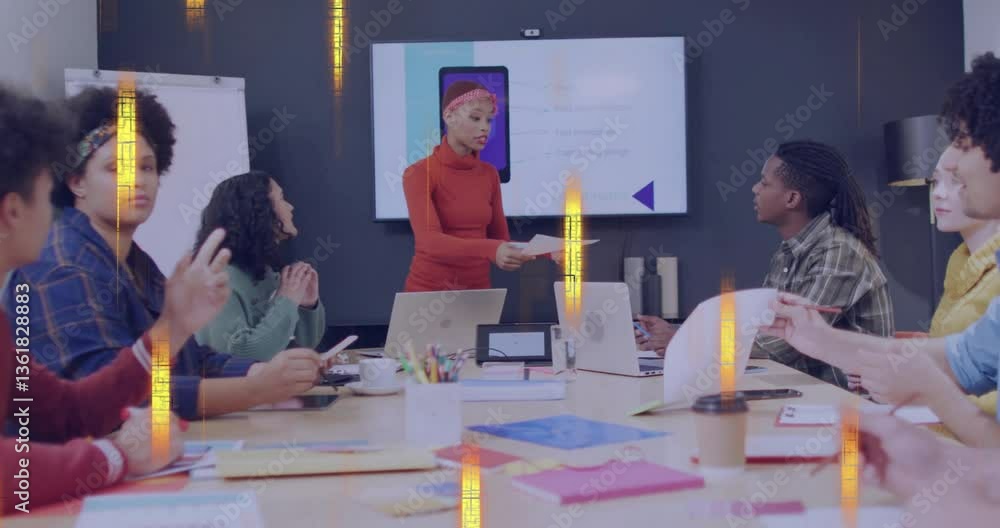 Poster discussing documents, diverse team in business meeting with data processing overlay
