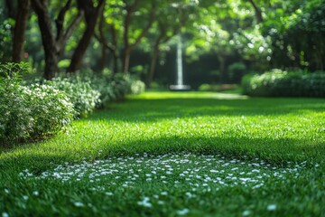 Vibrant garden oasis with lush greenery and delicate flower petals under the sunlight in a tranquil outdoor setting