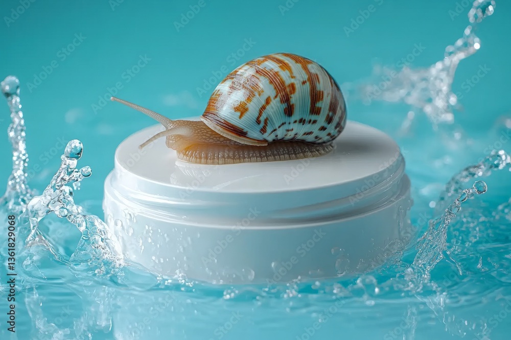 Poster snail on a cosmetic jar splashing in turquoise water during a serene and tranquil setting