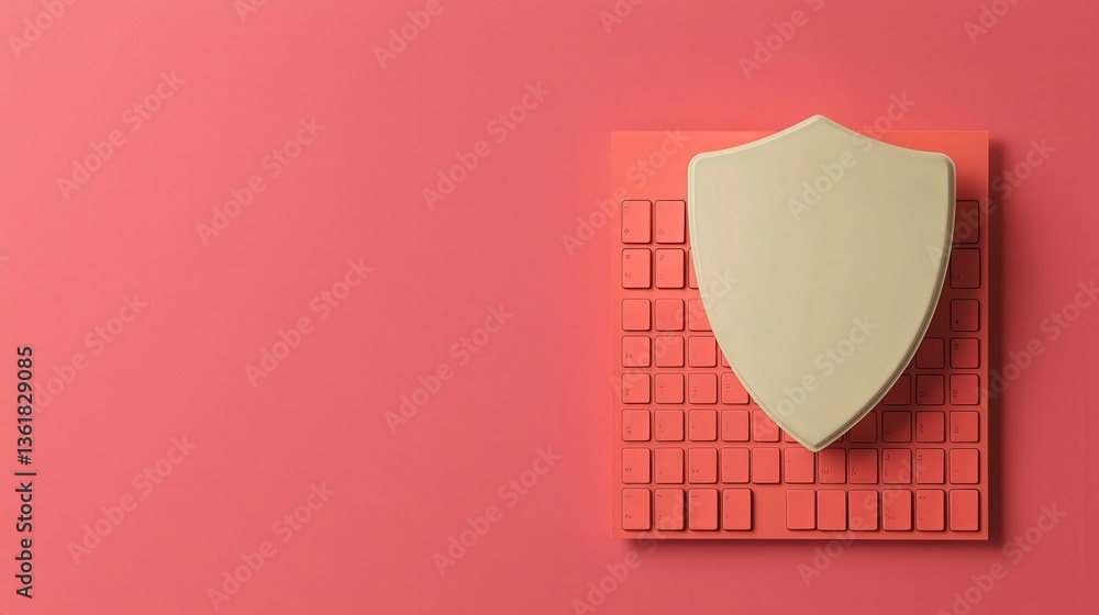 Poster cyber security awareness password network concept. shield on keyboard against a coral background, sy