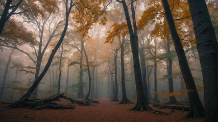 A serene forest scene with autumn foliage enveloped in mist.