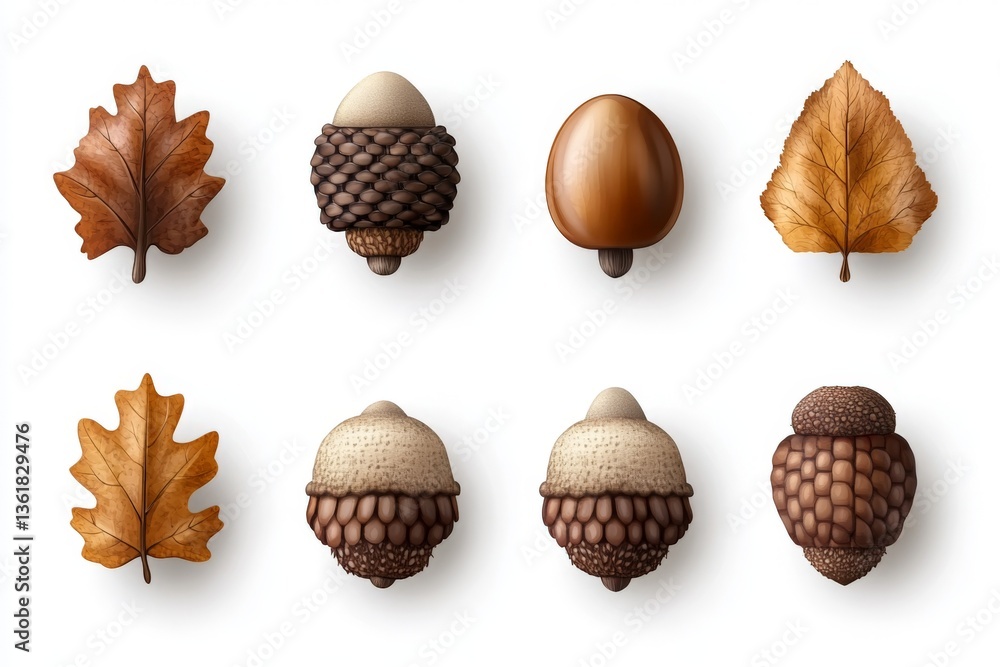 Poster Arrangement of acorns and leaves displaying autumn colors and textures on a light background
