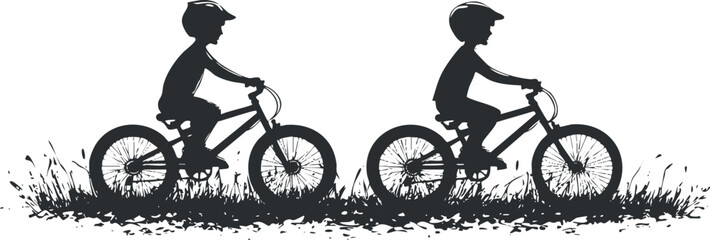 Obraz premium Silhouettes of children riding bikes through grass, ideal for outdoor activity themes.