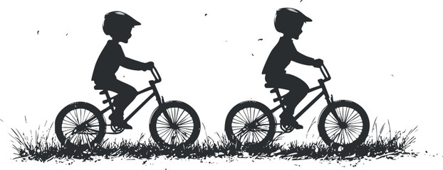 Obraz premium Silhouette of two children riding bicycles on grass, ideal for outdoor activity themes.