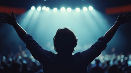 Silhouette of a person outstretched toward a vibrant stage, illuminated by bright lights, evoking excitement and anticipation.