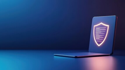 Cyber security Awareness password network concept. Digital laptop with security shield icon on a blue background.