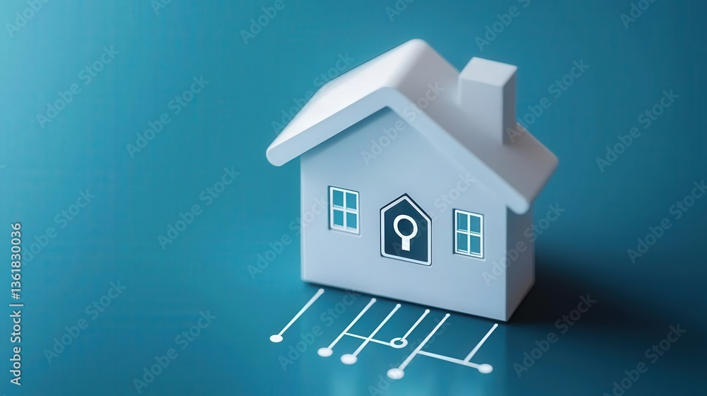 Poster cyber security awareness password network concept. 3d house model with digital connectivity elements