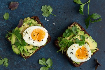 toasted dark rye bread with avocado and egg