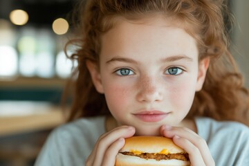 Naklejka premium A young girl is holding a hot dog in her hand. She has blue eyes and red hair