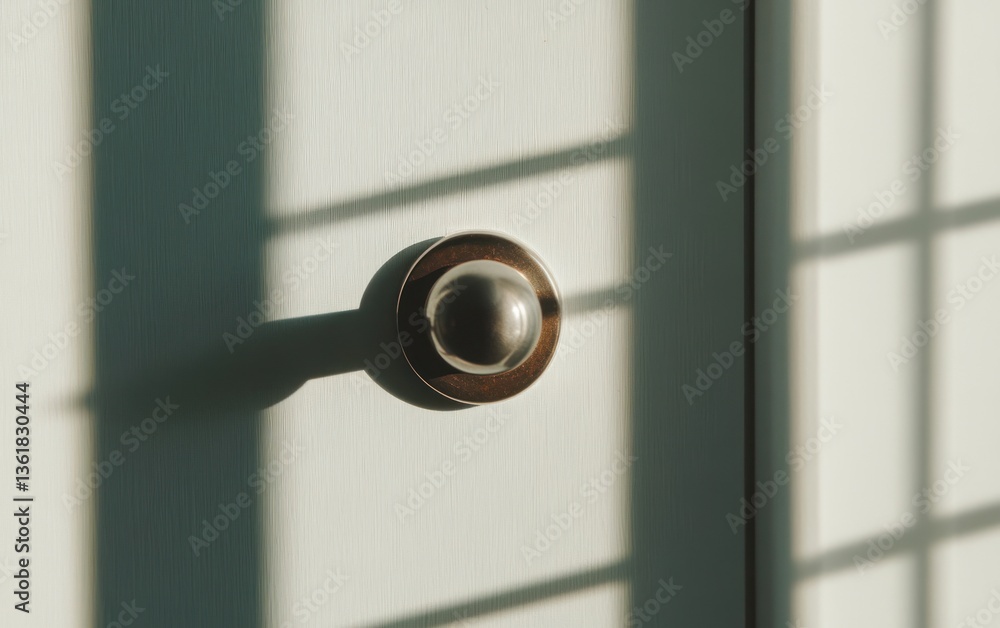 Poster close-up of a round, metallic door knob casting a shadow on a light-colored door with a gridded wind