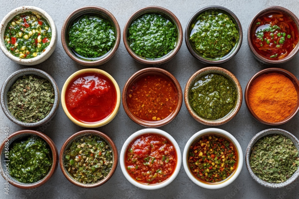 Aufkleber Colorful array of diverse sauces and seasonings arranged neatly on a surface