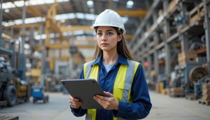 Fototapeta premium young woman in safety helmet and reflective vest holds tablet in warehouse, showcasing focus and determination
