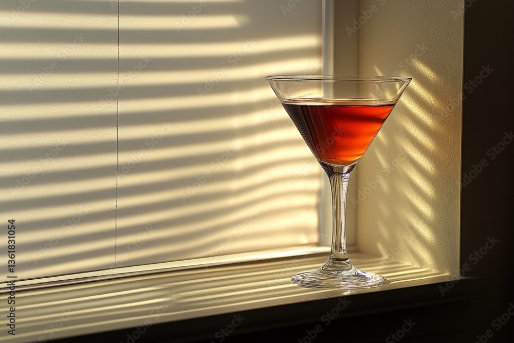 Poster elegant cocktail resting on a windowsill with sunlight creating striped shadows in a warm-toned sett