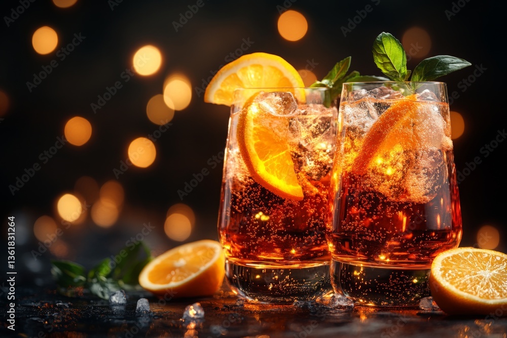 Aufkleber refreshing citrus drinks with orange slices and ice set against a blurred background of warm lights