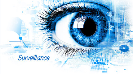 A close-up of a blue digital eye dominates the frame, surrounded by abstract tech patterns, with the word &ldquo;Surveillance&rdquo; in sleek blue font on a white background.