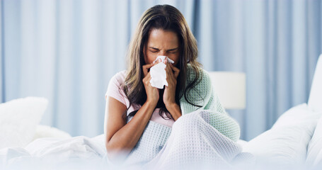 Illness, bed and woman blowing nose for sneeze, hayfever or allergies with recovery in home. Relax,...