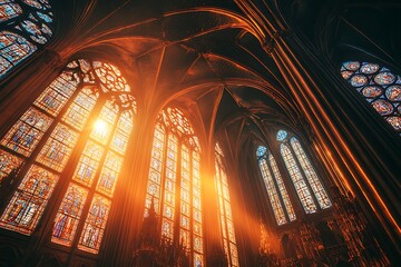Obraz premium Interior view of a Gothic church with stained glass windows, sunlight streaming through