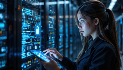 focused woman interacts with digital interface in high tech data center, showcasing cybersecurity technology and innovation