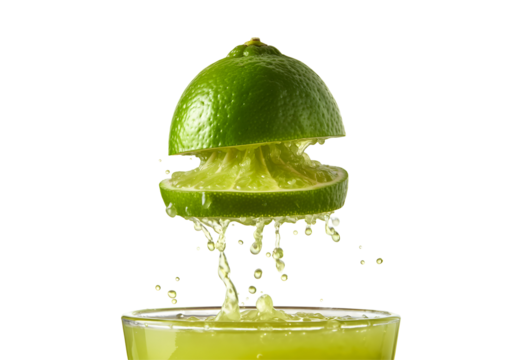 A fresh lime being squeezed in mid-air, with juice droplets suspended, against a transparent background